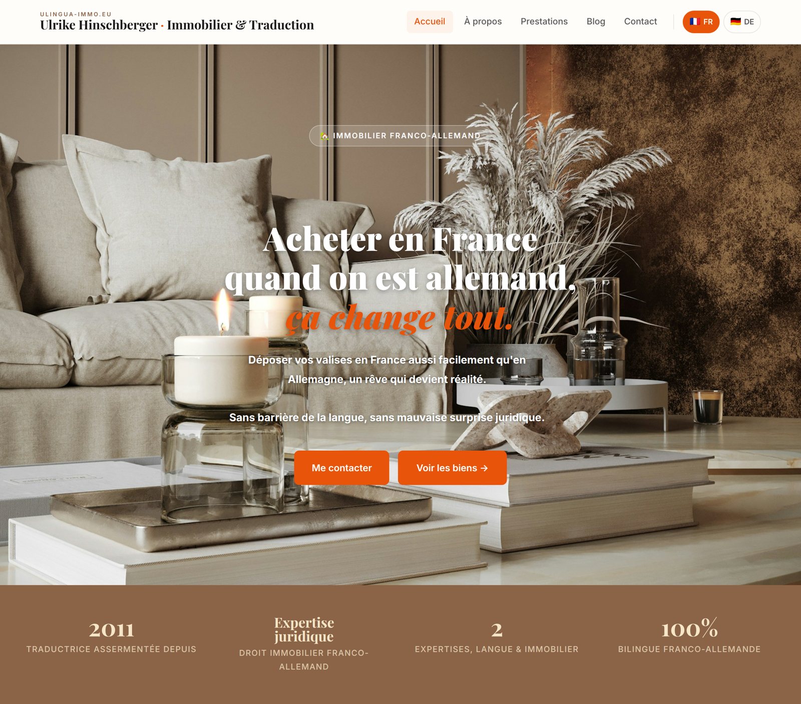 Extrait de la page d'accueil du site ulingua-immo.eu : accroche, photo d'intérieur et chiffres clés
