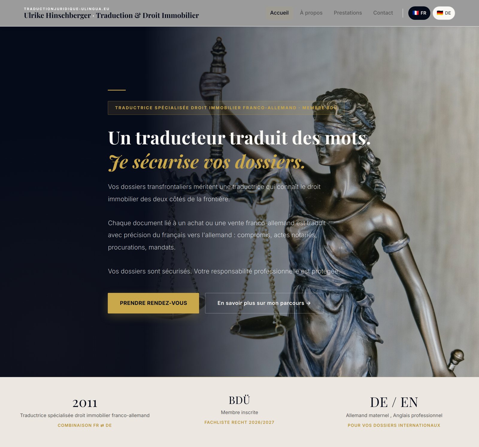 Extrait de la page d'accueil du site traductionjuridique-ulingua.eu : accroche sur la statue de la Justice et chiffres clés